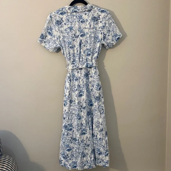 Rachel Zoe White and Blue Safari Linen Blend Midi Shirt Dress with Waist Tie - Picture 2 of 10